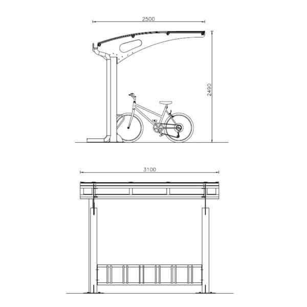 Technische Tekening Fietsoverkapping – Geschikt voor Stations Technische tekening van fietsoverkapping voor stations, met afmetingen en zijaanzicht.