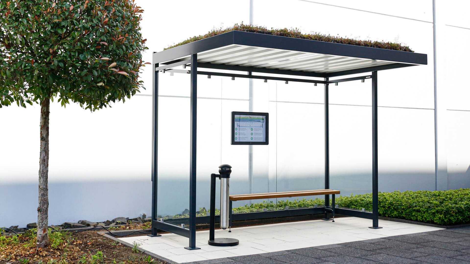 Rookabri buiten van staal met sedumdak, glazen wanden en zitbankje, formaat 1,5x3 meter