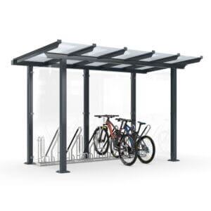 Moderne fiets overkapping met stevig stalen frame en transparant dak. Voorzien van fietsenrekken voor veilige en georganiseerde stalling.