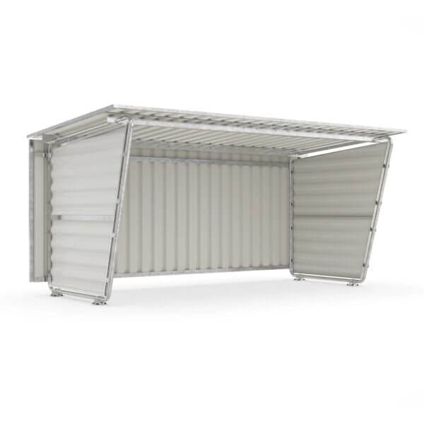 Praktische bouwpakket fietsenstalling van 4x2m in wit. Duurzaam verzinkt staal en eenvoudig te monteren.