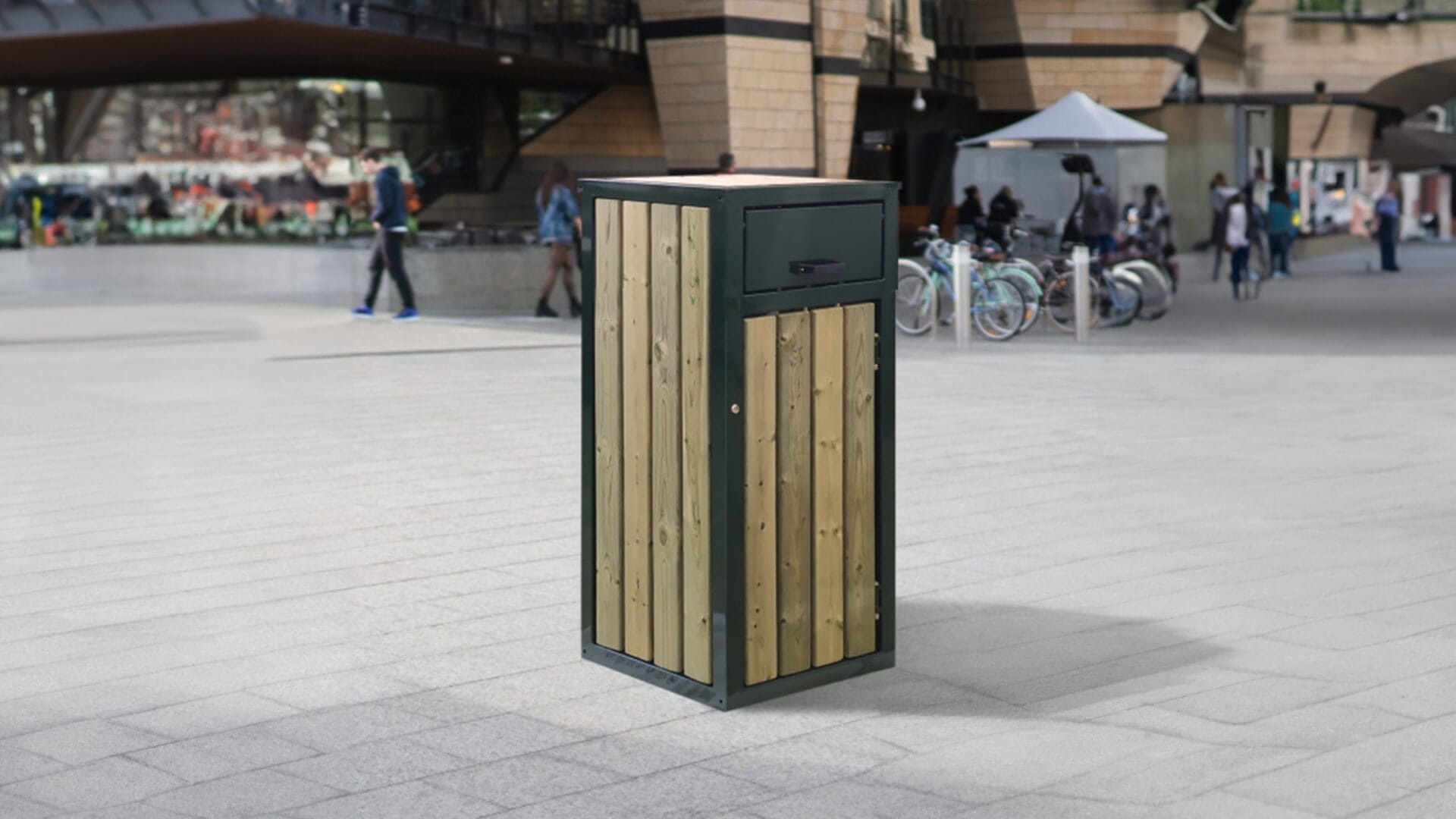 Duurzame afvalbak voor openbare ruimte, gemaakt van hout en staal. Verkrijgbaar in diverse kleuren voor een stijlvolle en functionele oplossing.