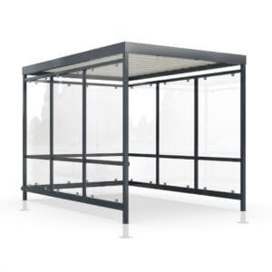 Winkelwagen overkapping van 4 meter met glazen wanden en robuust metalen frame, ideaal voor bescherming en nette opslag van winkelwagens.