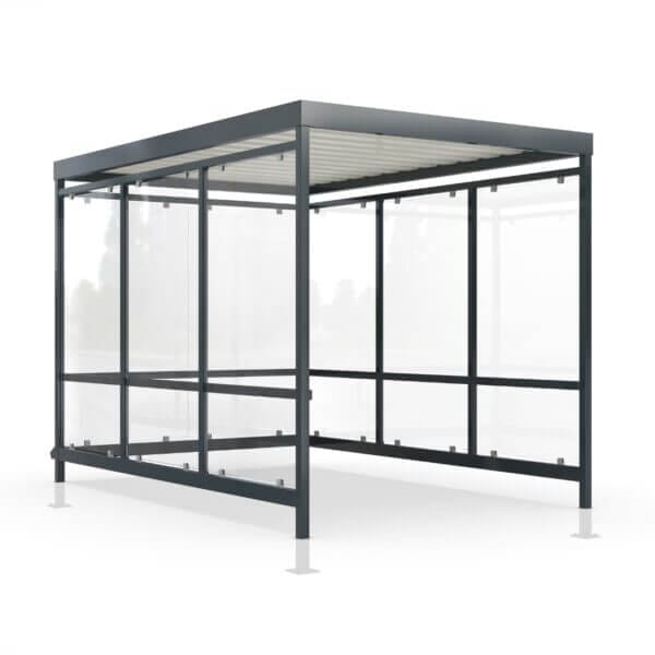 Winkelwagen overkapping van 4 meter met glazen wanden en robuust metalen frame, ideaal voor bescherming en nette opslag van winkelwagens.