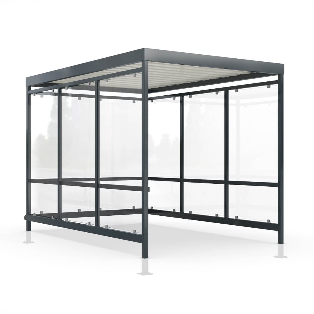 Winkelwagen overkapping van 4 meter met glazen wanden en robuust metalen frame, ideaal voor bescherming en nette opslag van winkelwagens.