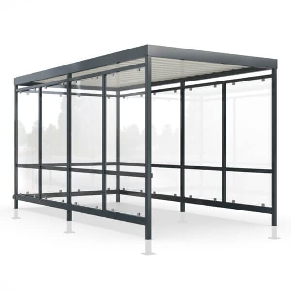 Moderne winkelwagenoverkapping met een donker metalen frame en transparante wanden, ontworpen om winkelwagens droog en netjes te parkeren.