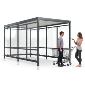 Winkelwagen overkapping met glazen wanden en stevig metalen frame, ideaal voor bescherming en nette opslag van winkelwagens.