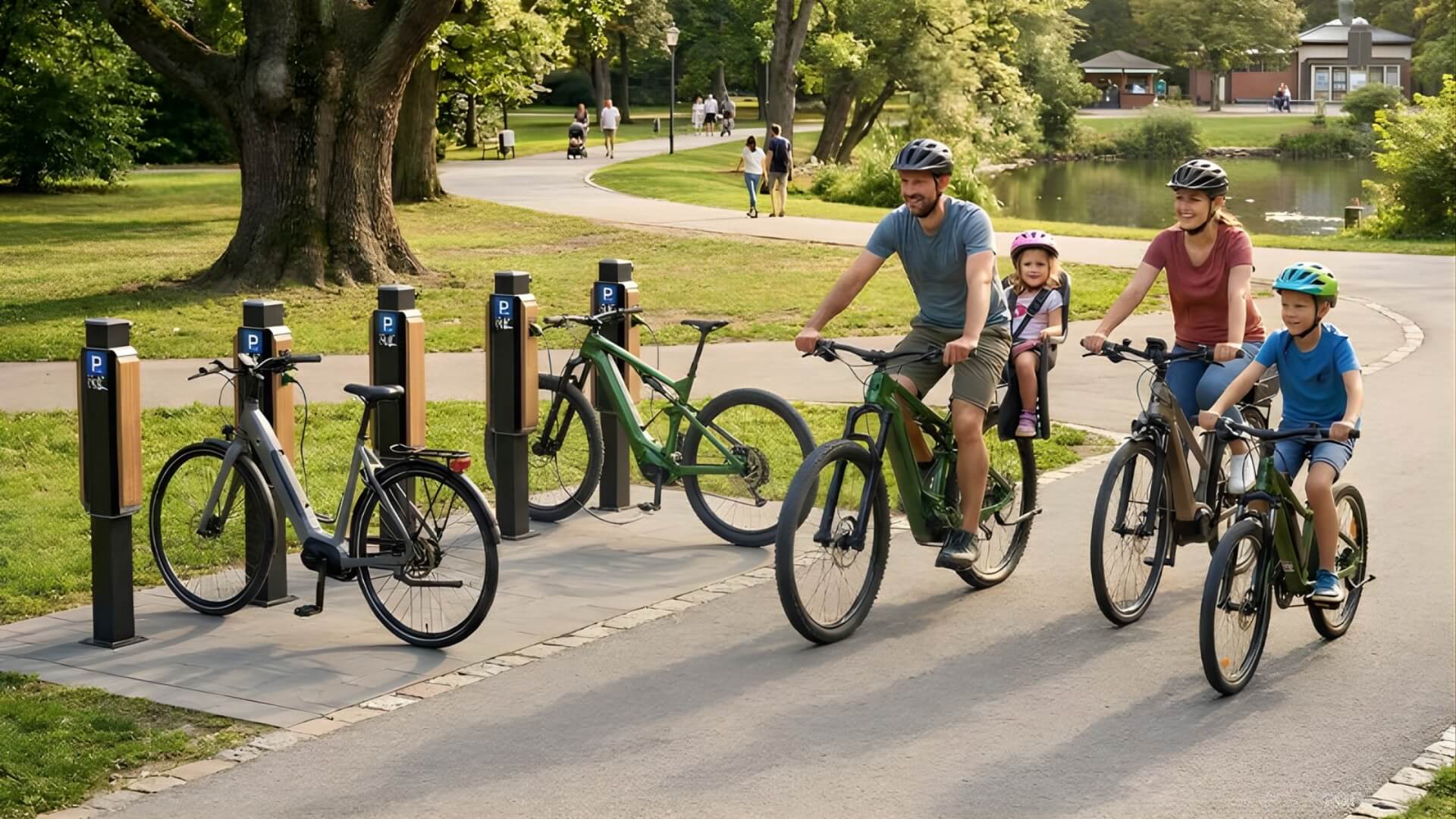 Fietslaadpalen geplaatst in een park waar een gezin fietst