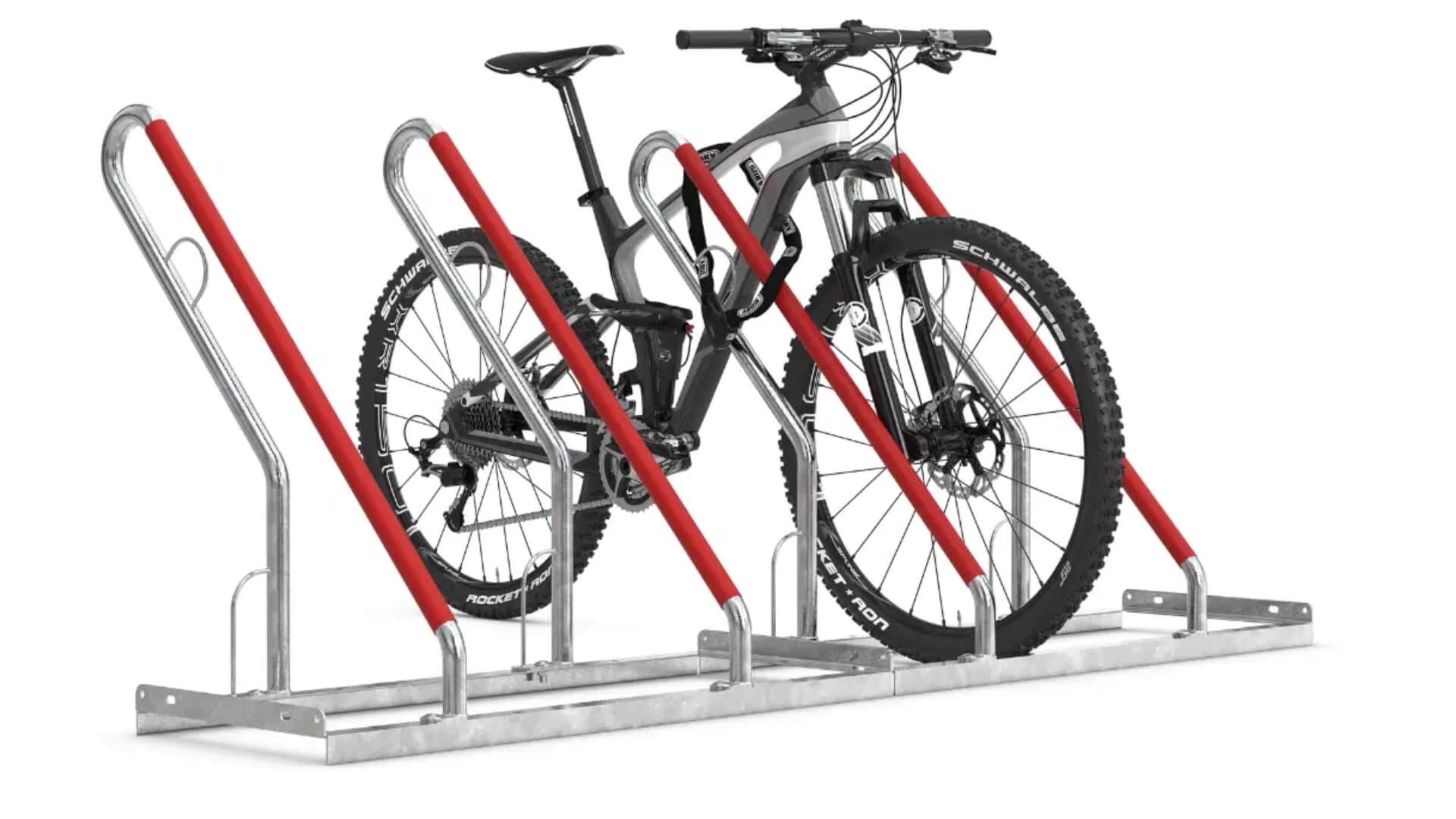 Metalen fietsenrek voor fatbike en e-bike voorzien van slotoog en rode rubberen stootbescherming.