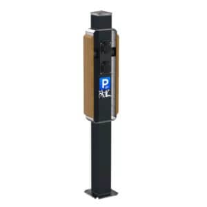 Laadpaal voor e-bikes met twee stopcontacten, uitgevoerd in zwart met houten zijpanelen en voorzien van een blauw fietssymbool.