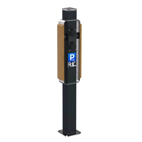 Laadpaal voor e-bikes met twee stopcontacten, uitgevoerd in zwart met houten zijpanelen en voorzien van een blauw fietssymbool.