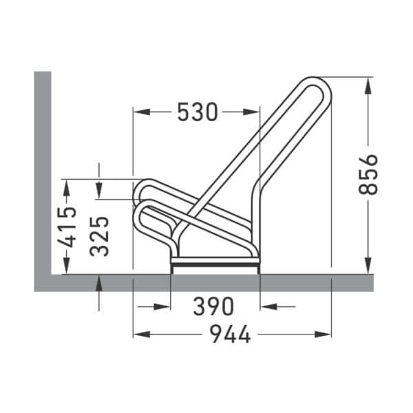 Technische specificaties van het fietsenrek met aanleunbeugel Technische tekening van fietsenrek met aanleunbeugel inclusief afmetingen