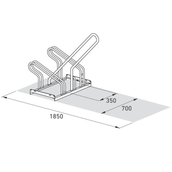 Afmetingen zijaanzicht fietsenrek met aanleunbeugel Zijaanzicht van fietsenrek met aanleunbeugel en gedetailleerde afmetingen