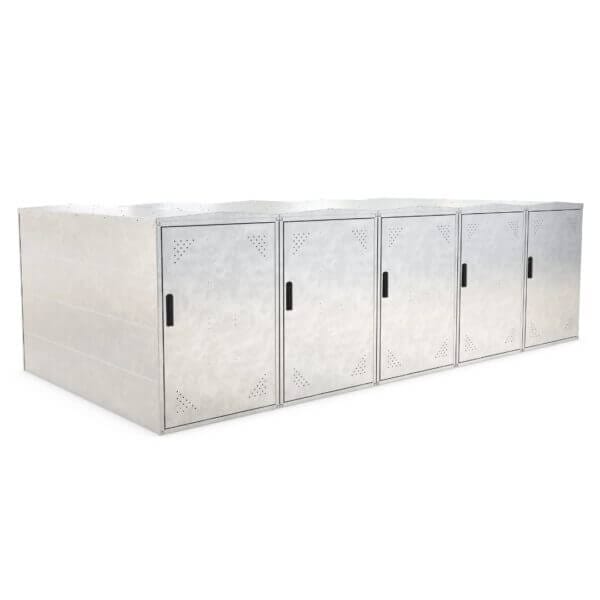 Verzinkt stalen modulaire fietsopbergbox kopen Modulaire fietsbox van verzinkt staal met vijf deuren voor veilige, afsluitbare fietsenstalling.