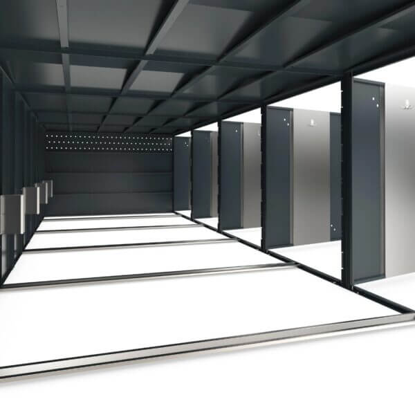 Modulaire fietsopbergbox binnenzijde in kleur Binnenzijde van een modulaire fietsopbergbox in RAL-kleur naar keuze met compartimenten en ventilatieopeningen