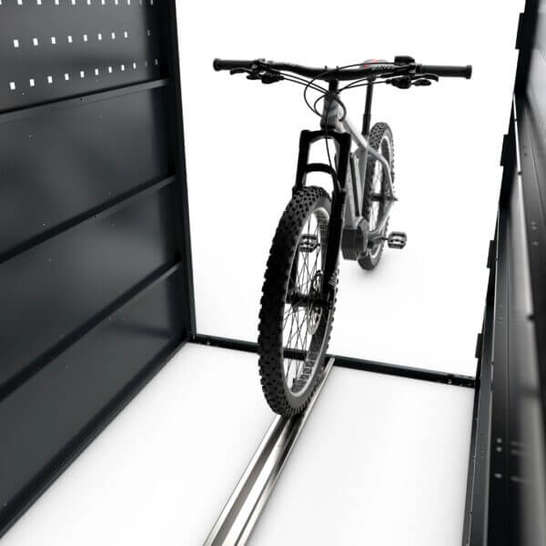 Fietsopbergbox met wielgeleidingsrail kopen Fiets in opbergbox met rail voor wielgeleiding voor veilig en comfortabel parkeren