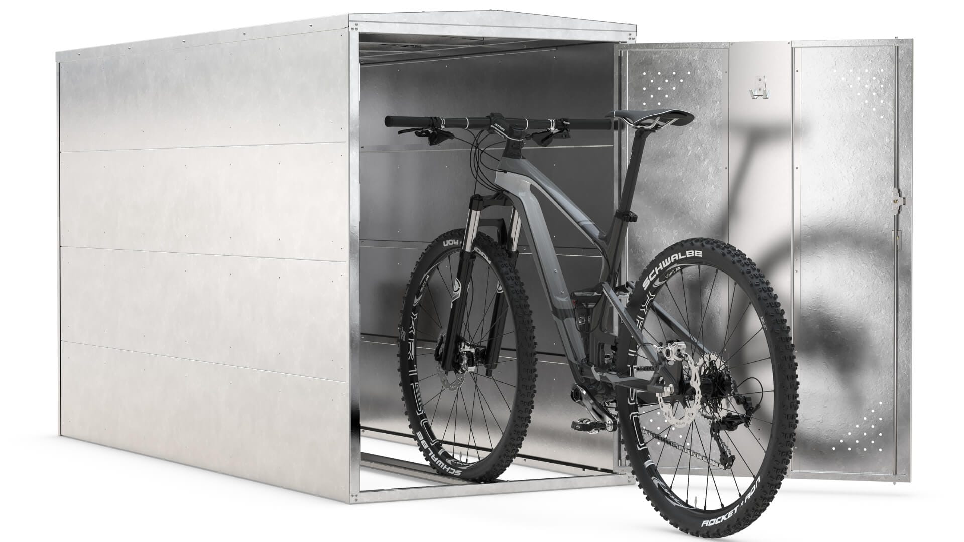 Verzinkte fietsopbergbox met mountainbike erin geplaatst, enkel online te kopen