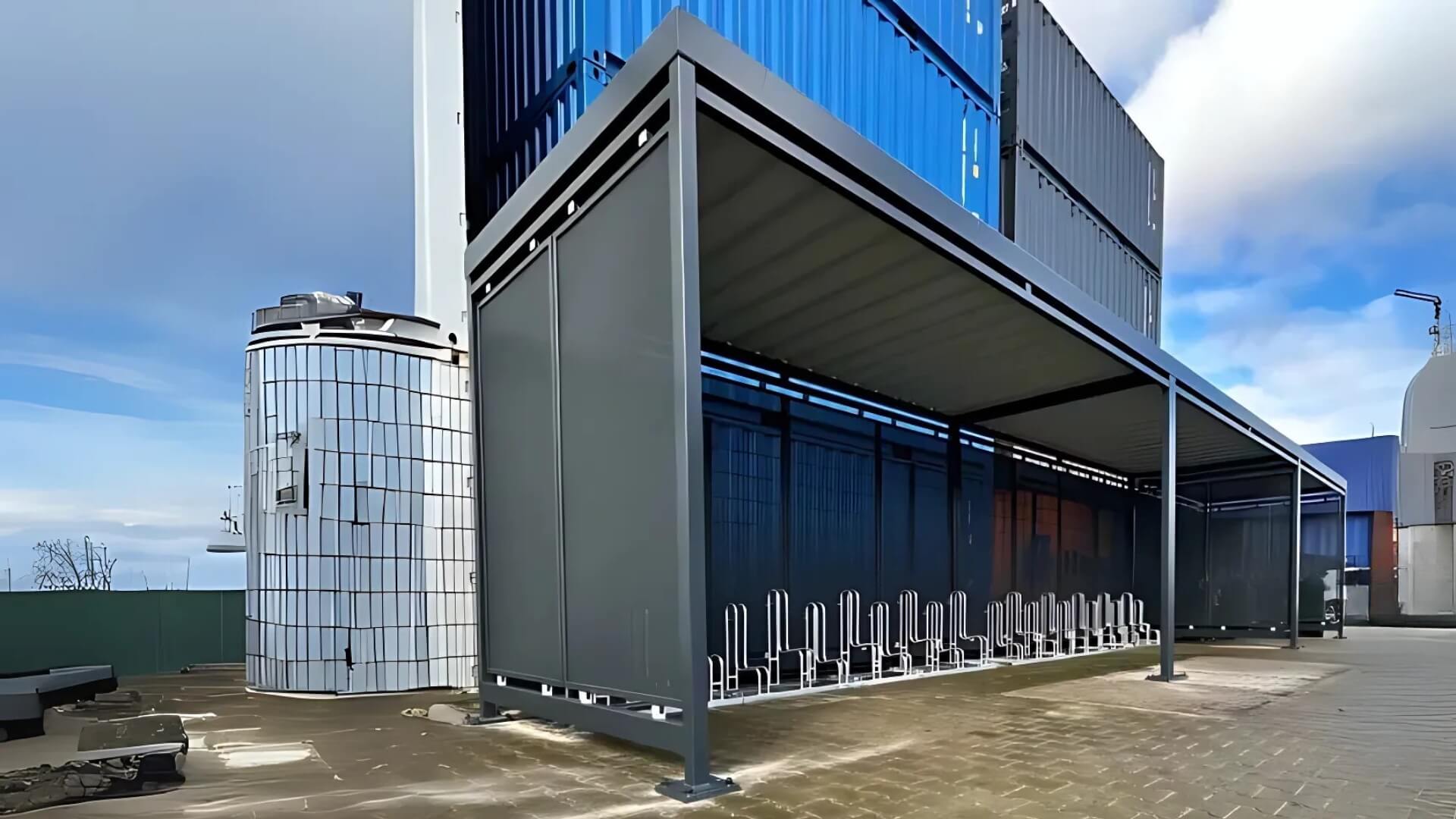Prefab fietsenhok van staal met geïntegreerde fietsenrekken op een industrieterrein