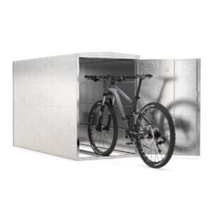 Fietsopbergbox Basic van verzinkt staal met geopende deur en geplaatste fiets