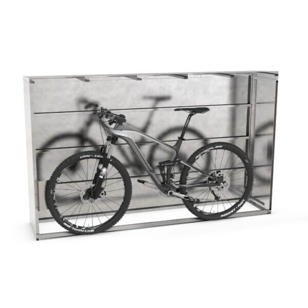 Zijkant van de Fietsopbergbox Basic met ruime binnenruimte Zijaanzicht Fietsopbergbox Basic met mountainbike binnenin