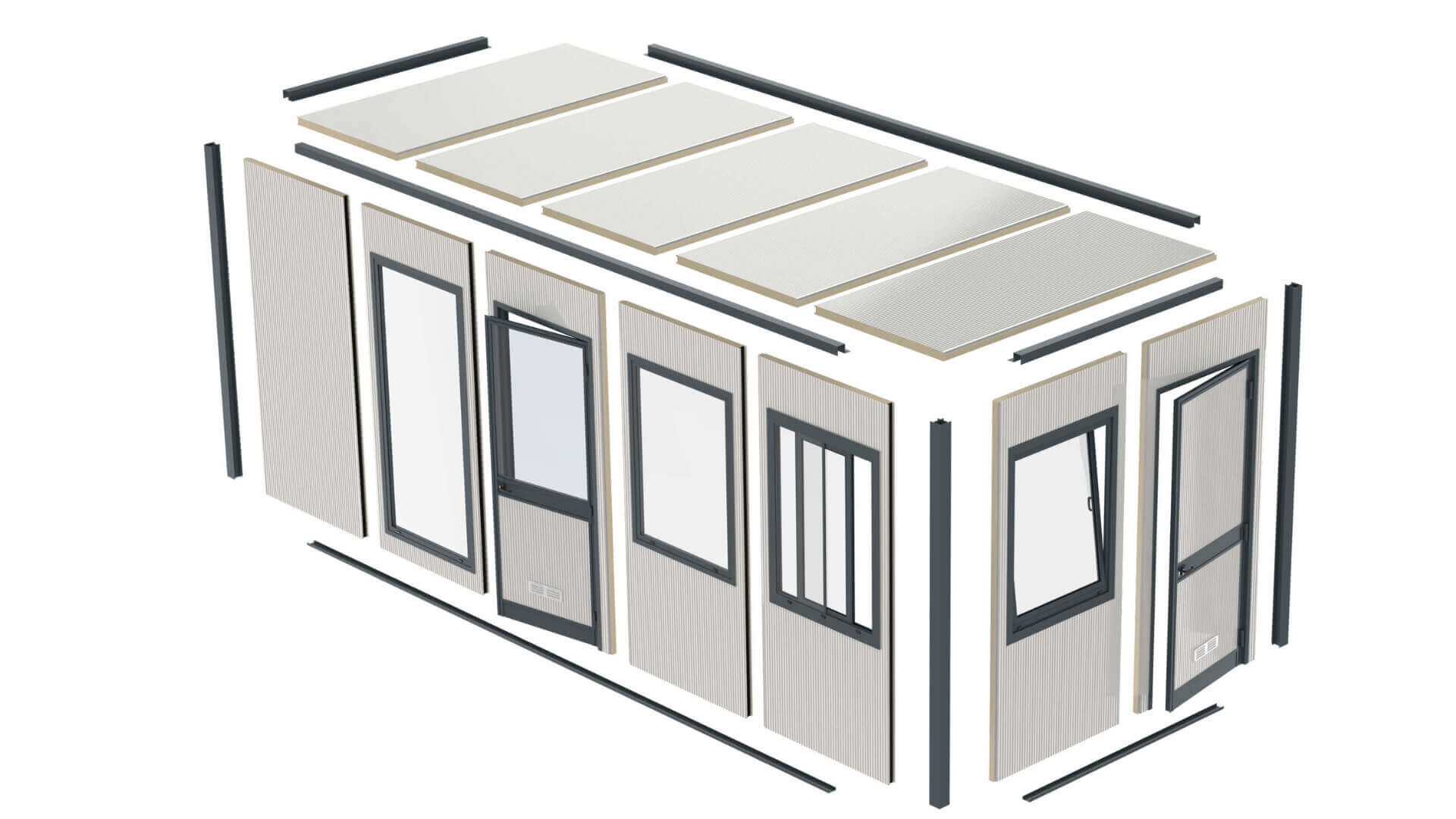 Exploded view van een demontabele kantoorunit met wand- en dakpanelen