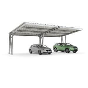 Stalen carport met ruimte voor vier auto’s en uitbreidbaar per twee parkeerplaatsen