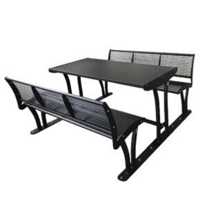 Picknicktafel met rugleuning in zwarte kleur, set bestaande uit tafel met 2 banken.