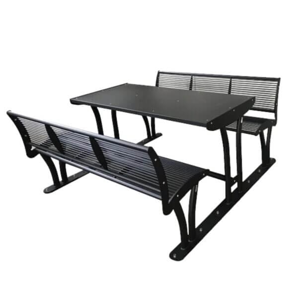 Picknicktafel met rugleuning in zwarte kleur, set bestaande uit tafel met 2 banken.