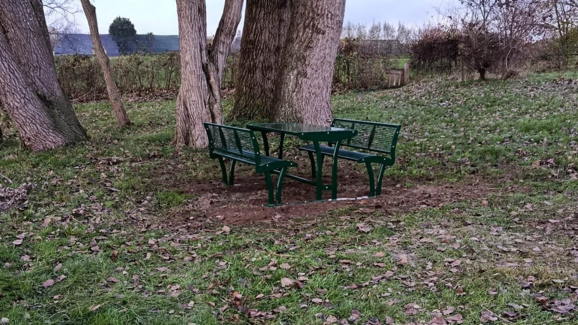 Mosgroene picknickset met rugleuningen in RAL 6005, geplaatst tussen oude bomen in Wilp.