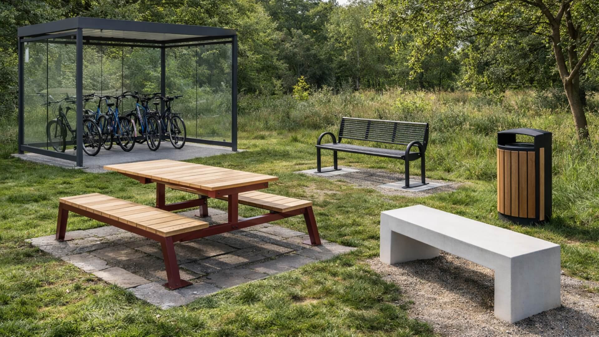 Fietsoverkapping met picknickset en buitenbank in groene parkachtige omgeving