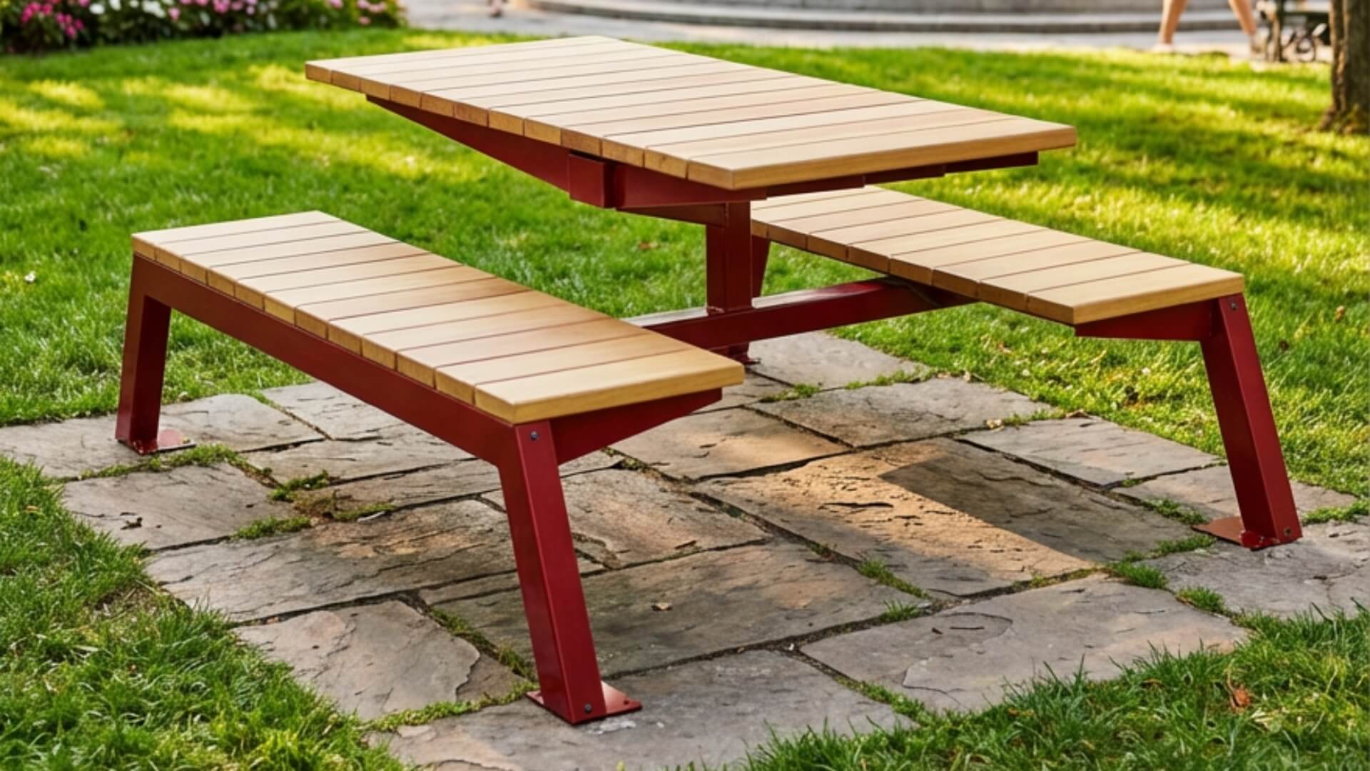 Picknicktafel Urban met rood stalen frame en houten zitting voor openbare ruimte