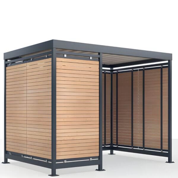 Rookoverkapping van hout direct online bestellen Rookoverkapping met zwart stalen frame en houten wandpanelen in een moderne uitvoering