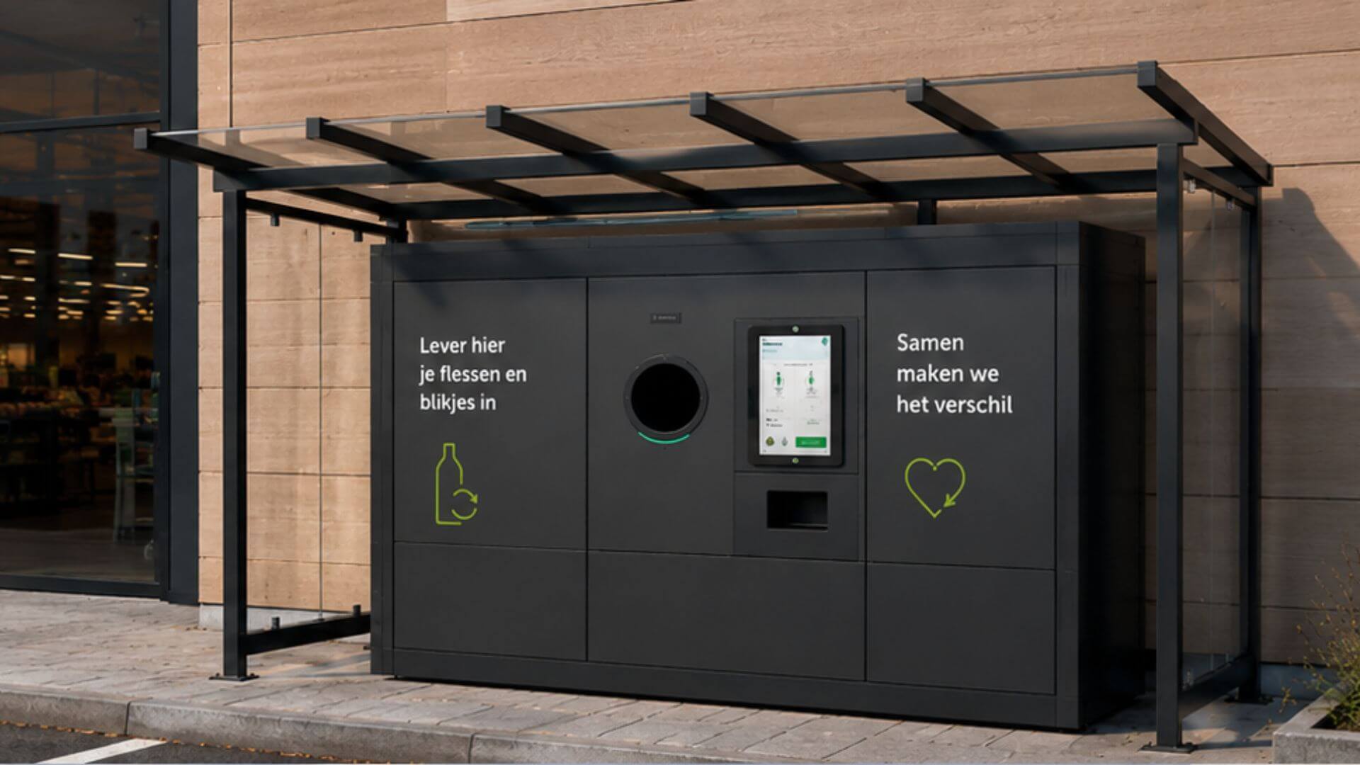 Type Dresden statiegeldautomaat overkapping van Umfeldt met strak plat dak en glazen zijpanelen bij een retail locatie